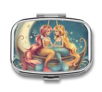 Mermaid Moon Boat Pill Case Box with 2 Compartment Medicine Vitamin Organizer for Purse Pocket 5.5x4cm
