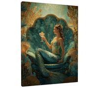 Mermaid Ocean Canvas Wall Art, Teal Gold Sea Creature Poster Prints, Abstract Coastal Wall Decor for Living Room, Bedroom, Bathroom, Home Aesthetic 12x16 Inch