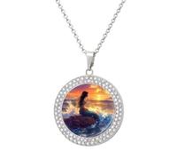 Mermaid on The Reef at Sunset Round Pendant Necklace Diamond Edging Brilliant Personalized Jewelry Gifts for Women Silver-style