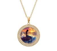 Mermaid on The Reef at Sunset Round Pendant Necklace Diamond Edging Brilliant Personalized Jewelry Gifts for Women Golden-style