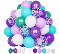Mermaid Party Balloons, 60 pcs 12 Inch Matte Pastel Dark Purple Teal White Metallic Green Confetti Latex Balloons with Ribbon for Girls Mermaid Theme Birthday Baby Shower Wedding Party Decoration
