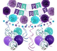 Mermaid Party Decoration, Purple Teal Latex Party Balloons Happy Birthday Banner Pom Poms Flowers Party Hanging Swirls, Birthday Party Decorations for Girl Women Birthday Baby Shower Party Supplies