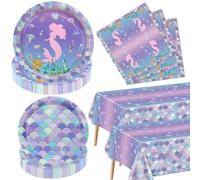 Mermaid Party Decorations - 122 Pcs Fish Scale Party Tableware Set, Under the Sea Ocean Theme Tablecloth, Plates and Napkins for Mermaid Scale Birthday Supplies, Serves 40