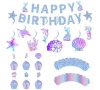 Mermaid Party Decorations, Mermaid Cake Toppers, Mermaid Birthday Banner, 21 Pcs under the sea with Hanging Swirls, Mermaids Birthday Decorations for Girls Party