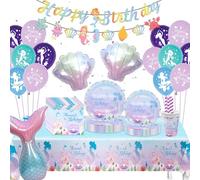 Mermaid Party Decorations Tableware Girls - Pink Purple Birthday Supplies, Happy Birthday Banners, Pull Flower, Tail Shell Balloons, Tablecloths Plates Cups Napkins for Girls Baby Shower, Serves 10