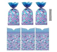 Mermaid Party Favors Bags, 100 PCS Mermaid Goodie Candy Party Bags with Wide Bottom, Plastic Mermaid Cellophane Treat Bags with Silver Twist Ties for Birthday Wedding Party