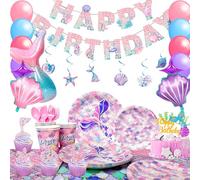 Mermaid Party Supplies,132 Pcs Mermaid Birthday Party Supplies Kit - Plates Cups Napkins Tablecloth & Banner Balloons Hanging Swirl etc