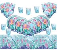 Mermaid Party Supplies for Girls Birthday| Mermaid Birthday Party Tableware Kit for 16 Guests | Magical Mermaids Plates Cups Napkins Table Cover