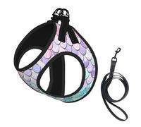 Mermaid Pastel Pink Purple Aqua Tea Print Small Dog Harness And Leash Set, Adjustable Soft Vest With 360° Reflective Straps For Cats Puppy