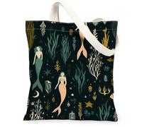 Mermaid Pattern Canvas Tote Bags, Ocean Themed Reusable Grocery Bags, Summer Stylish Lightweight Washable Shoulder Strap Ca, Dark Green, 13x15 Inch