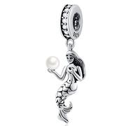 Mermaid Pendant Charms Holding Pearl fit Pandora Ocean Bracelet, 925 Sterling Silver Little Mermaid Princess Ariel Dangle Sea Life Beads, Gifts for Sister/Valentines Day/Daughter