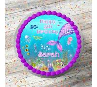 Mermaid Personalised Underwater Scene Themed PRECUT Cake Topper 7.5 Inch Round Edible Icing Sheet Birthday Cake Decoration