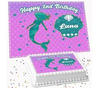 MERMAID PINK PURPLE BIRTHDAY PERSONALISED ICING EDIBLE LARGE CAKE TOPPER DECORATION SUITABLE FOR USE ON COSTCO CAKE R1-484