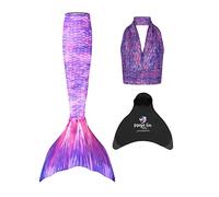 Mermaid Planet Woman's 3 Piece Vivid Colour Swimming Mermaid Tail, Top & Wear-Resistant Magic Fin Monofin. Purple Rain. Size 8-10