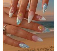 Mermaid Press On Nails with Accessory Tools - 24PCS Blue Pearl Chrome False Nails with 3D Seashell & Starfish Design - Long Almond Stiletto Fake Nails for Women Wedding Party Beach