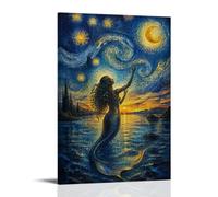 Mermaid Reaching For Starry Night Sky Wall Art, Ván Gógh Style Swirling Cloud Crescent Moon Glowing Lake Fantasy Seascape Canvas Printed Posters, Dreamy Artwork For Bathroom Teen Bedroom Ocean Theme