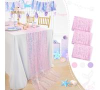 Mermaid Runner 3 Pieces Pink Table Runners 120 Inches Long Sequin Fabric for Girls Mermaid Birthday Decorations