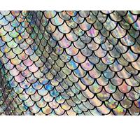 Mermaid Scale Fabric - Iridescent Fish Tail Foil Stretch Spandex Material - 150cm Wide - Shiny Metallic Costume & Craft Fabric (Silver on Black, 1 Metre)