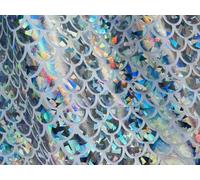 Mermaid Scale Fabric - Iridescent Fish Tail Foil Stretch Spandex Material - 150cm Wide - Shiny Metallic Costume & Craft Fabric (Silver on White, 2 Metres)