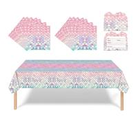 Mermaid Scale Ocean Tablecloth Set With Gradient Hues For Princess Themed Parties - Includes Rectangular Tablecloth Square Placemats Heart Invitation For Birthday Dinner Event Decorations Supplies