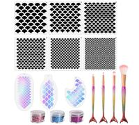 Mermaid Scale Stencil Set 9 Pieces Reusable Mermaid Face Makeup Stencils Fish Scale Templates, 3 Bottles Glitter and 4 Pcs Eye Makeup Brushes - Women Girl Cute Make Up DIY Tool Set