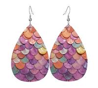 Mermaid Scales Background Faux Leather Teardrop Earrings, Fashion Lightweight Drop Dangle Earrings Leather Earrings For Women Weddings, Parties, Ceremonies, Banquets, Gifts