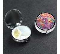 Mermaid Scales Background Pill Box with Mirror 3 Compartment Decorative Pill Case for Purse or Pocket Small Round Pill Organizer Weekly Metal Medicine Tablet Vitamin Holder Travel Gift