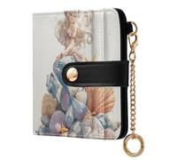 Mermaid Seashell Beige Pattern Small Women Wallet PU Leather RFID Blocking Bifold Compact Card Holder with Coin Pocket Zipper Purse for Women Ladies Girls