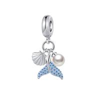 Mermaid Seashell Pearl Triple Dangle Charm Compatible with Pandora Charms Bracelets for Women Blue CZ