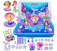 Mermaid Sensory Bin for Toddlers, Play Sand Art Kit with Sandbox & Accessories & Tools & Colorful Sea Shell Conch Starfish Gems, Indoor Outdoor Sensory Sandbox Toys for Boy Girl Kid Age 3 4 5-9