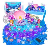 Mermaid Sensory Bin, Play Sand Art Kit with Sandbox & Accessories & Tools & Colorful Sea Shell Conch Starfish Gems Toys Set, Indoor Outdoor Sensory Sandbox Toys for Boy Girl Kid Age 3 4 5 6 7 8 9