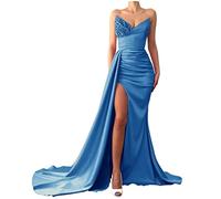Mermaid Sequin Satin Prom Dresses Long Slit Formal Evening Gown Strapless Beaded Bridesmaid Dress for Wedding Blue