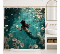 Mermaid Shower Curtain, Aqua Blue Floral Bathroom Decor, Summer Ocean Inspired Waterproof Fabric Shower Curtain with Hooks 72x84 Inch