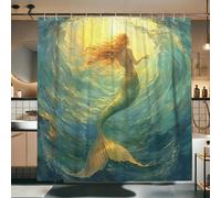 Mermaid Shower Curtain, Aqua Blue Ocean Wave Art Shower Curtain for Bathroom Decor, Summer Underwater Fantasy Modern Water-Resistant Fabric Shower Curtain Set with Hooks 72x72 Inch