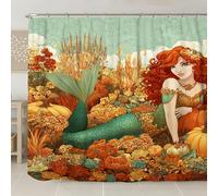 Mermaid Shower Curtain, Autumn Orange Green Floral Bathroom Decor, Fall Seasonal Modern Art Waterproof Fabric Shower Curtain with Hooks 108x72 Inch