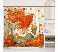 Mermaid Shower Curtain, Autumn Orange Leaf Pumpkin Bathroom Decor, Fall Seasonal Artistic Waterproof Fabric Shower Curtain with Hooks 72x72 Inch