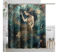 Mermaid Shower Curtain Fish Flower Vintage French Aesthetic Girly Gorgeous Blue Polyester Waterproof Women Waterproof Bathroom Home Decor with Hooks 72x72inch