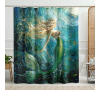 Mermaid Shower Curtain, Ocean Blue and Green Art for Bathroom Decor, Summer Coastal Modern Aqua Waterproof Fabric Shower Curtain Set with Hooks 72x78 Inch