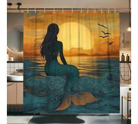 Mermaid Shower Curtain, Ocean Blue Sunset Mermaid Shower Curtain for Bathroom Decor, Spring Summer Coastal Modern Artistic Waterproof Fabric Shower Curtain Set with Hooks 72x72 Inch