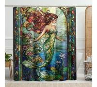 Mermaid Shower Curtain, Stained Glass Style Colorful Bathroom Decal for Spring Summer Decor, Artistic Waterproof Fabric Shower Curtain Set with Hooks 72x72 Inch
