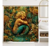 Mermaid Shower Curtain, Teal Gold Floral Bathroom Decor, Summer Ocean Inspired Waterproof Fabric Shower Curtain with Hooks 72x72 Inch