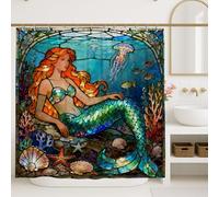Mermaid Shower Curtain, Underwater Fantasy Jellyfish Coral Summer Turquoise Waterproof Fabric Design Print Bath Curtains for Home Bathroom Toile Hotel Decor 72x72 Inch