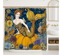 Mermaid Shower Curtain, Vibrant Blue Yellow Floral Bathroom Decor, Summer Nautical Art Style Waterproof Fabric Shower Curtain with Hooks 72x72 Inch