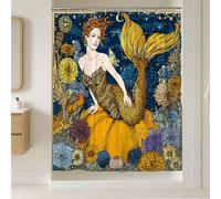 Mermaid Shower Curtain, Vibrant Blue Yellow Floral Bathroom Decor, Summer Nautical Art Style Waterproof Fabric Shower Curtain with Hooks 72x96 Inch