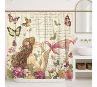 Mermaid Shower Curtain, Vintage Floral Butterfly Bathroom Decor, Spring Summer Bohemian Waterproof Fabric Shower Curtain with Hooks 72x72 Inch