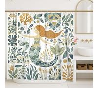 Mermaid Shower Curtain, Watercolor Green Beige Ocean Creatures Bathroom Set Decor, Spring Summer Modern Artistic Waterproof Fabric Shower Curtain with Hooks 72x84 Inch