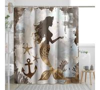 Mermaid Shower Curtain with 12 Hooks Nautical Shabby Vintage Style with Anchor and Starfish Gold Beige Polyester Waterproof Machine Washable Bathroom Room Indoor Fabric Shower Curtain 62x72Inch