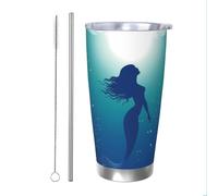 Mermaid Silhouette Ocean Tumblers 20 oz Stainless Steel Tumbler Cup Straw Two-Piece Set for Adult Women Men, Travel Coffee Mug for Office Birthday Anniversary Wedding Party