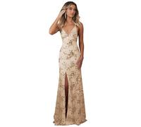Mermaid Sparkling Sequins Prom Dresses Long Split Formal Evening Gowns Spaghetti Straps V Neck Party Dresses Champagne L