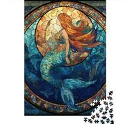 Mermaid Stained Glass Panel Jigsaw Puzzles Puzzles for Adults Kids. 1000 Pieces Whimsical Challenge Toy Educational Games Home Decoration for Adults& Kids Age 14 Years Up 70x50cm/1000pcs